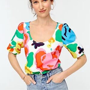 J. Crew Orange and Green Fitted Blouse with Scoop Neckline and balloon sleeves